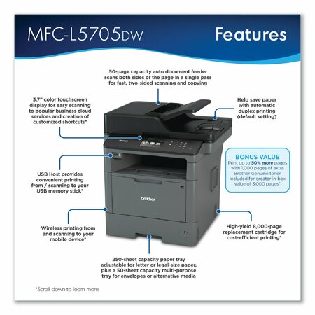Brother MFC-L5705DW Wireless All-in-One Laser Printer, Copy/Fax/Print/Scan MFCL5705DW